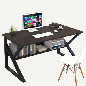 Office Study Writing Table With Steel Storage Frame,Black walnut